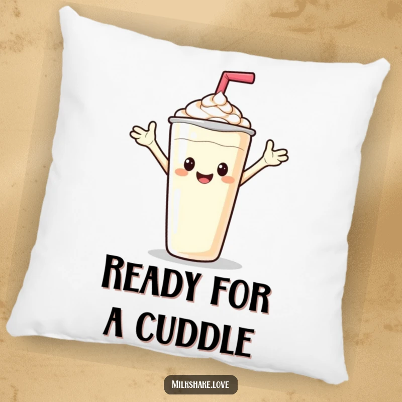 Funny decorative pillow featuring a friendly milkshake character waving hello, offering comforting cheer and humor.