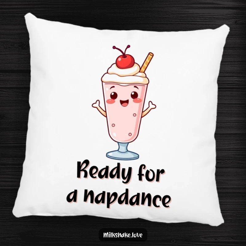 Funny accent pillow featuring a smiling, cherry-topped milkshake doing a cute jig, perfect for adding humor to any room.