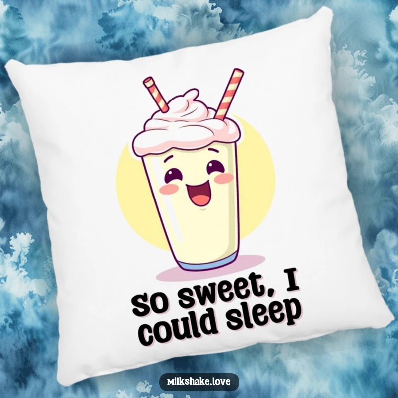 Funny kawaii milkshake pillow, giggling and pointing upwards with an excited flourish, a soft and humorous decorative cushion.