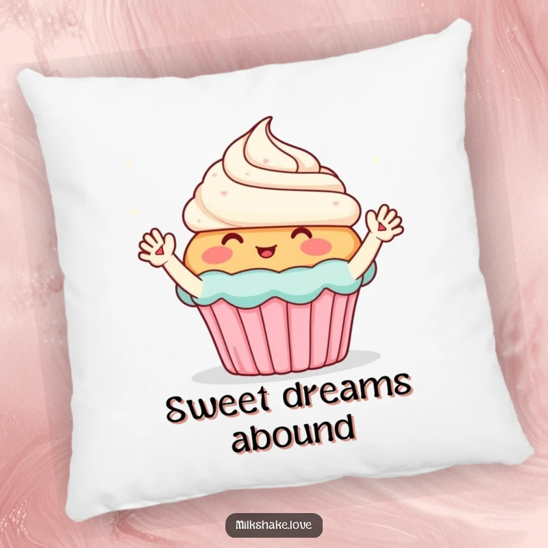Funny pillow featuring a blushing cupcake with small waving arms, enthusiastically greeting sparkles, providing cozy comfort and sweet decor.