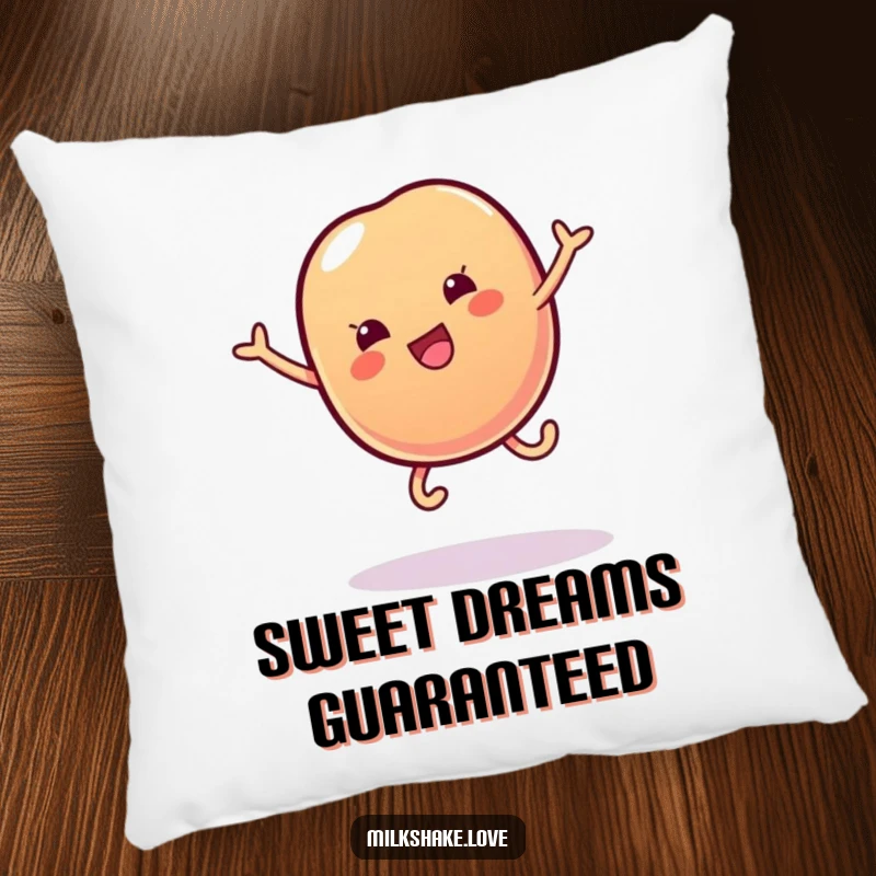 Funny pillow featuring a wobbly jelly bean with small legs doing a cartwheel, providing cozy comfort and sweet decor.