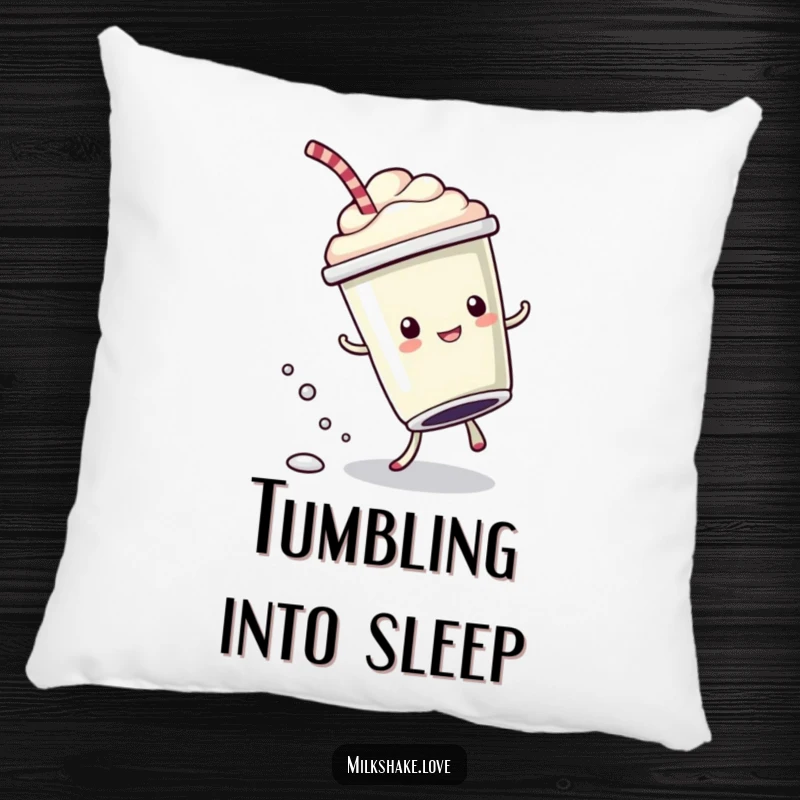 Funny Pillow with a kawaii milkshake cup doing a cartwheel and leaving bubbly drops, offering fun and comfort.