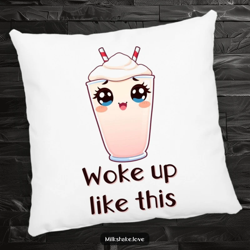 Funny Pillow featuring a Kawaii milkshake with wide, surprised eyes peeking over the rim, adding a touch of comical comfort.