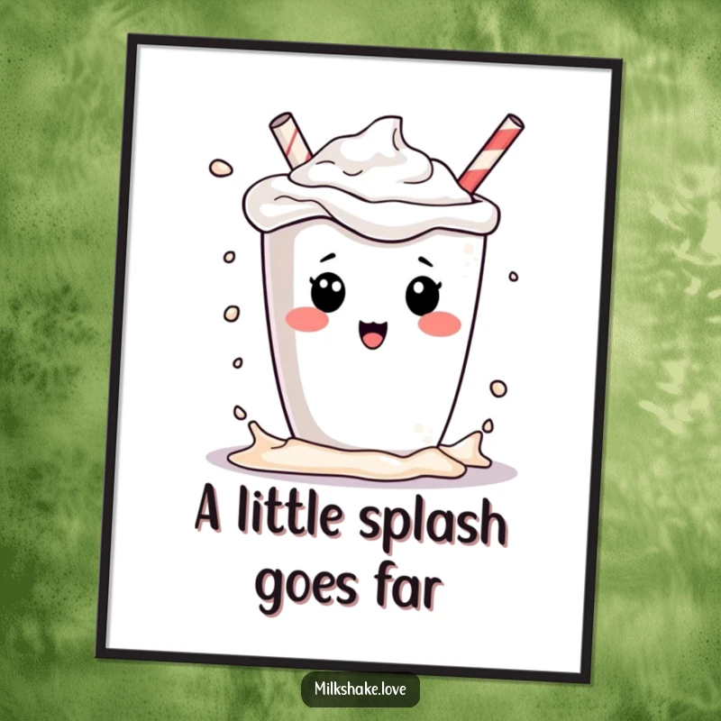 Funny kawaii milkshake character playfully splashing its contents, as a high-resolution digital art print for sweet humorous decor.