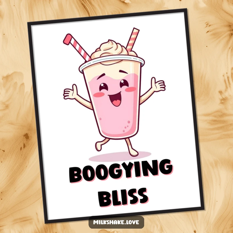 Funny Dancing Milkshake Cup Digital Art Print, a cartoon character performing an energetic dance, a lively and humorous piece for instant wall decoration.