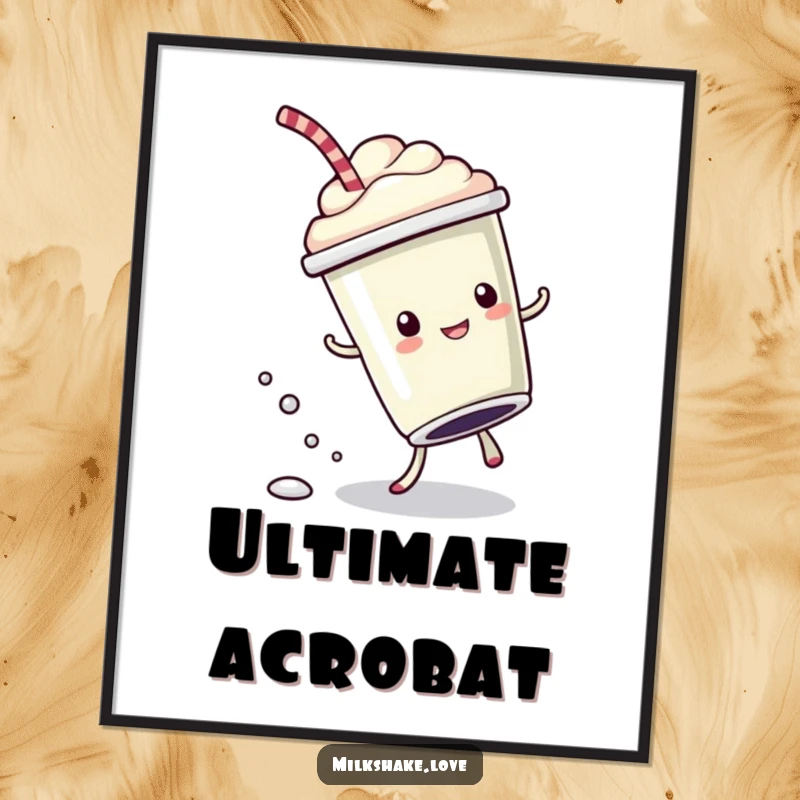 Funny Digital Art Print of a kawaii milkshake cup doing a cartwheel with bubbly drops, capturing playful, energetic humor.