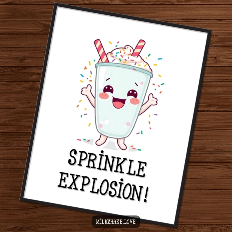 Funny digital art print of a happy milkshake character cheering with colorful sprinkles exploding.
