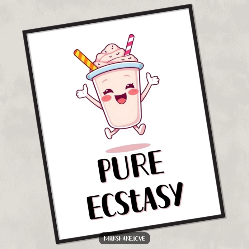 Funny Milkshake Cup Digital Art Print, a jubilant cartoon character captured in a joyful leap, a high-energy, fun piece for instant wall decor.