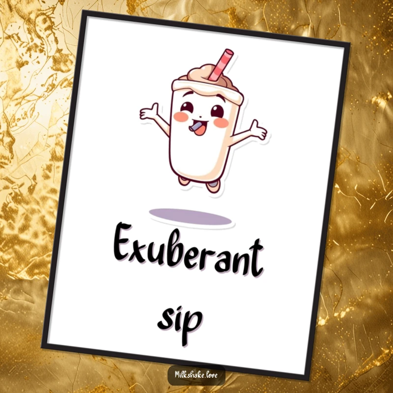 Funny milkshake character joyfully jumping with a straw in its mouth, vibrant digital art capturing pure excitement and humor.