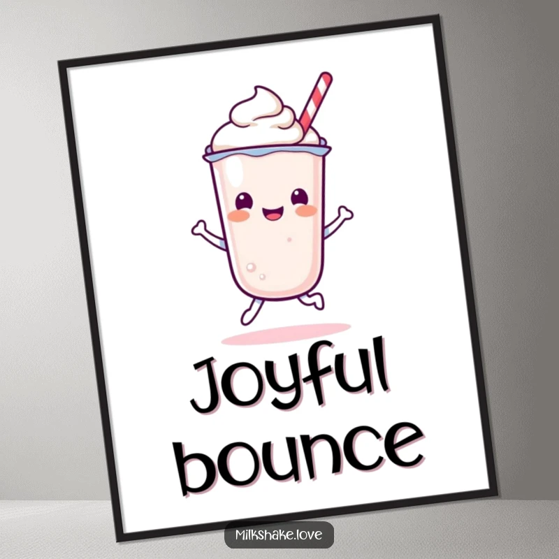 Funny Kawaii Milkshake character in a happy, energetic bounce in a downloadable digital art print.