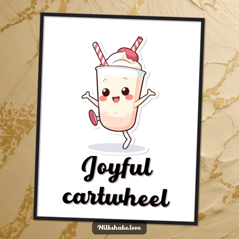 Funny Kawaii Milkshake Digital Art Print: A vibrant cartoon milkshake character captured mid-cartwheel, perfect for instant, humorous wall decor.