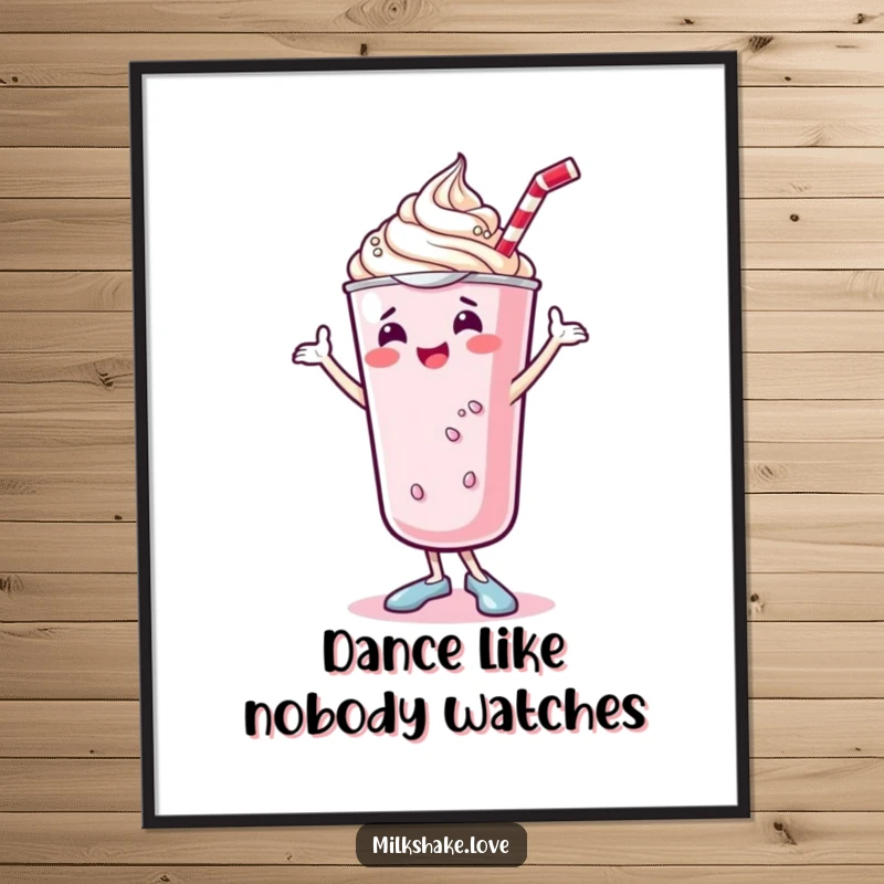 Funny kawaii milkshake digital art print of a cute, dancing milkshake with whipped cream doing a joyful shimmy, perfect for vibrant wall art.