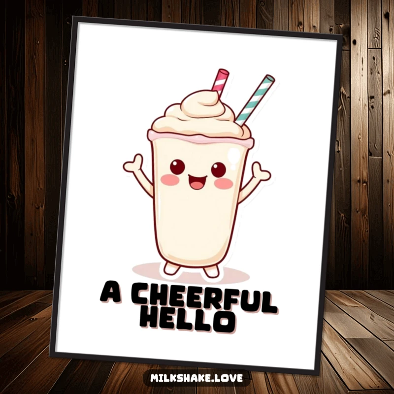Funny Digital Art Print of a Kawaii milkshake character giving a cheerful wave with its straw, bringing friendly vibes.