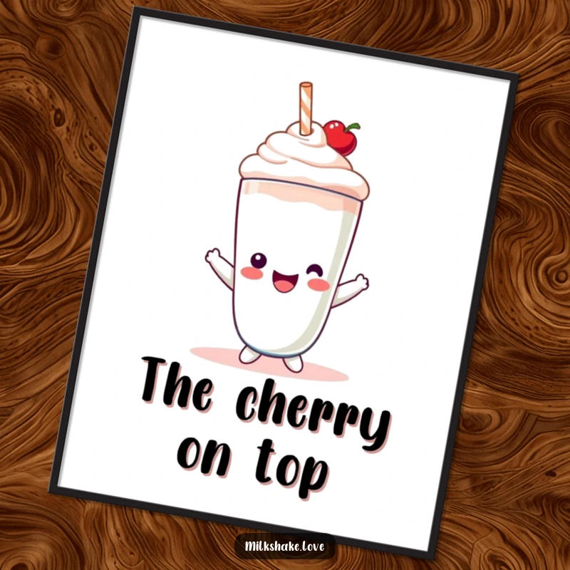 Funny Digital Art Print of a Kawaii milkshake character joyfully wearing a small cherry hat, bringing sweet vibes.