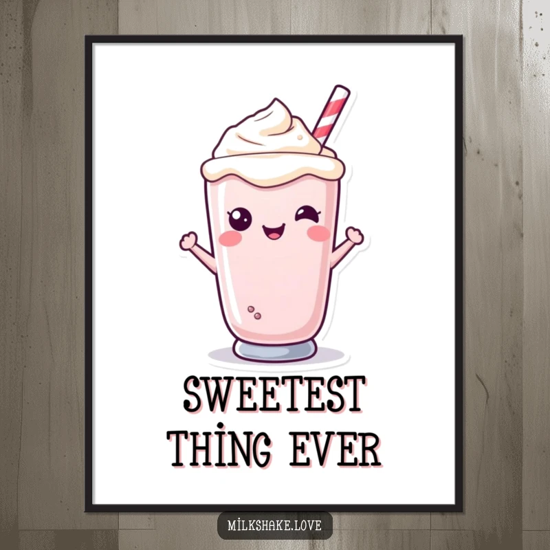 Funny Kawaii milkshake character smiling sweetly from a glass, high-resolution digital art, perfect for framing.