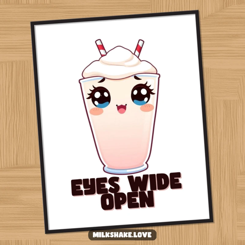 Funny Digital Art Print of a Kawaii milkshake peeking over the rim with wide, surprised eyes for a comical decorative touch.