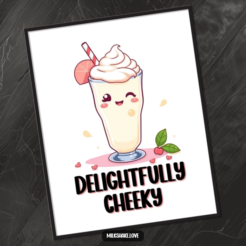 Funny Digital Art Print of a Kawaii milkshake giving a playful wink, with a swirl of delight for a charming and decorative touch.