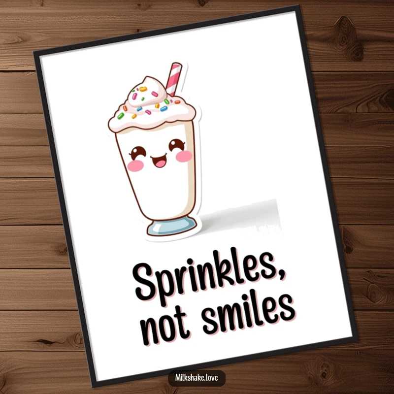 Funny Kawaii Milkshake character making a funny face using sprinkles in a downloadable digital art print.