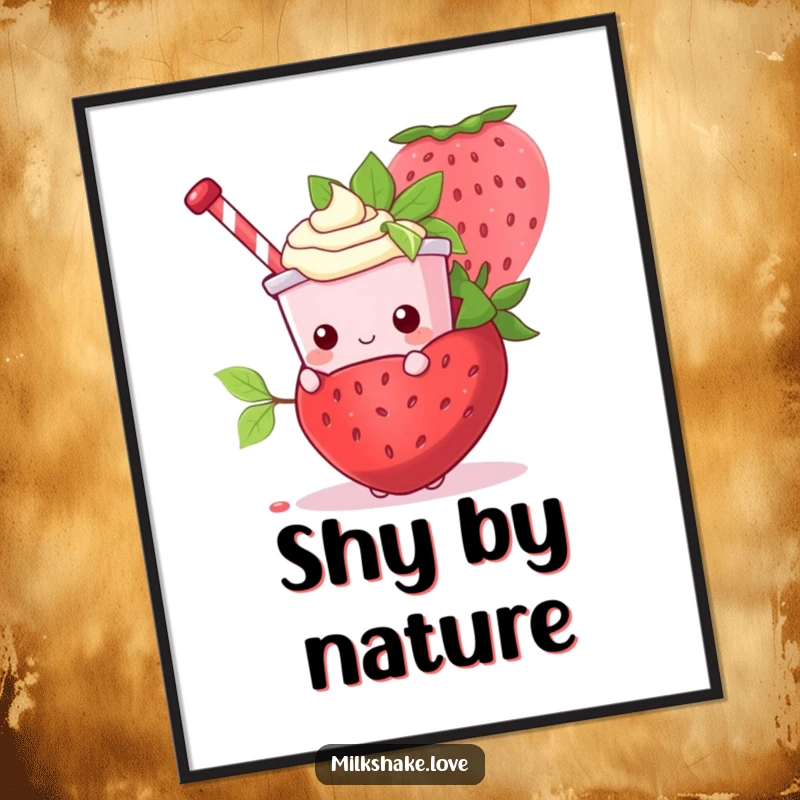 Funny Kawaii Milkshake character peeking from behind a giant strawberry in a vibrant, downloadable digital art print.