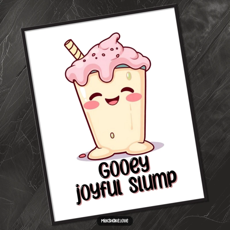 Funny melting milkshake with a goofy grin slumping happily, available as a high-resolution digital art print. Pure, sweet fun.