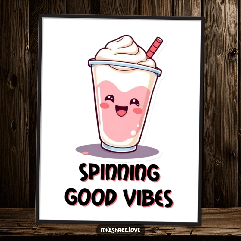 Funny smiling milkshake cup captured doing a cheerful spin, ready to be printed as sweet digital art.