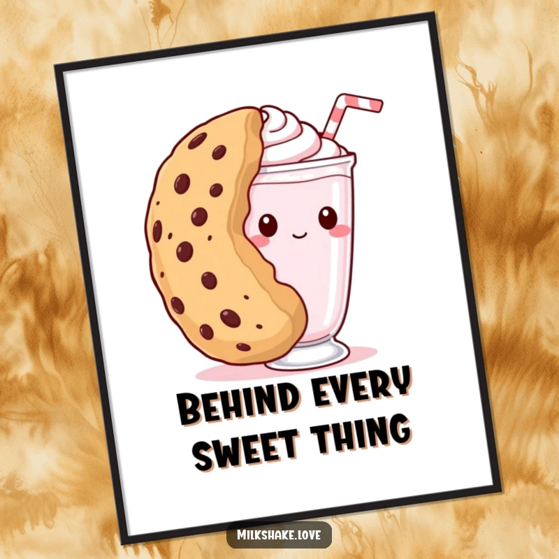Funny kawaii milkshake digital art print of a shy milkshake peeking from behind a giant cookie, perfect for charming and whimsical wall decor.