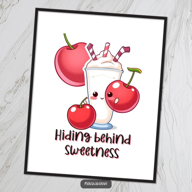 Funny digital art print of a shy milkshake peeking from behind a giant cherry, perfect for adding instant sweet humor.