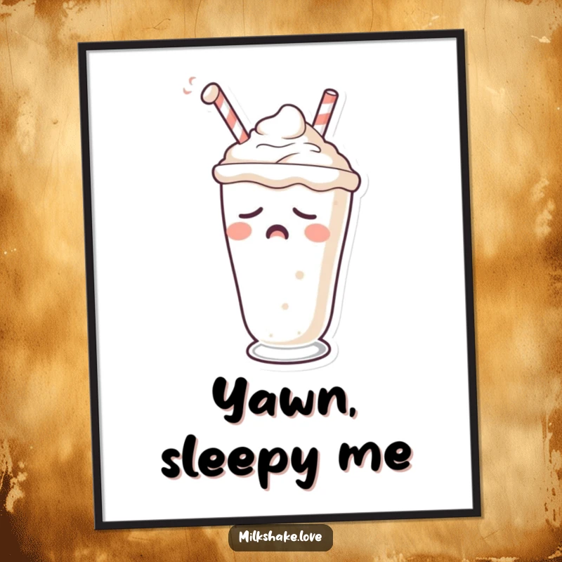 Funny digital art print of a sleepy milkshake character yawning with a drooping straw.