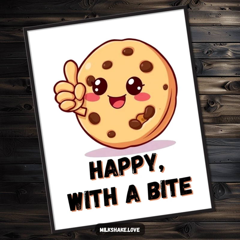 Funny cookie character giving a thumbs up with a missing crumb, high-resolution digital art print, ideal for immediate cheerful decor.