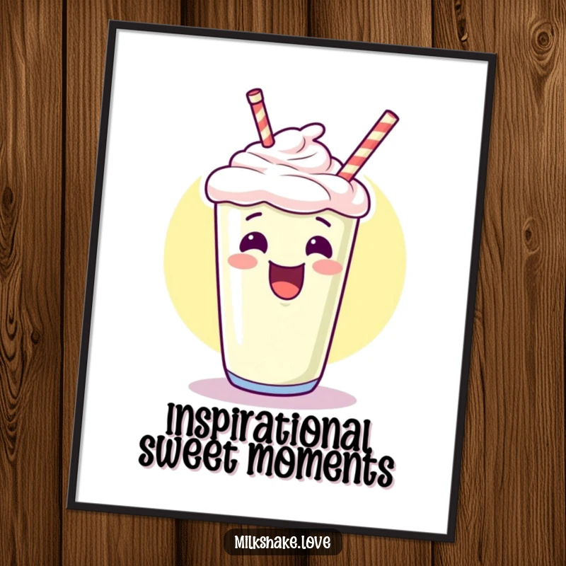 Funny kawaii milkshake digital art print, giggling and pointing upwards with an excited flourish, a humorous and cheerful downloadable artwork.