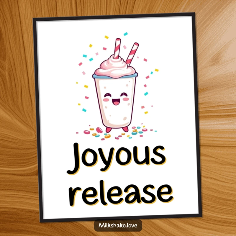 Funny Happy Milkshake Cup Digital Art Print, a cartoon character joyfully scattering confetti, a festive and fun piece for instant wall decor.