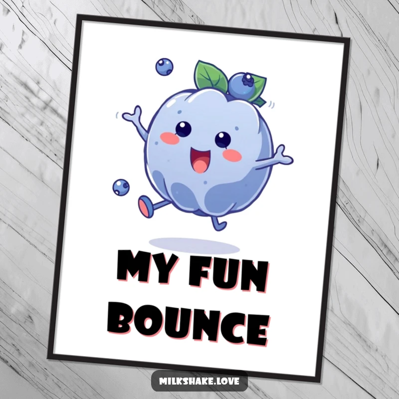 Funny Blueberry Bounce Digital Art Print showcasing a plump, joyful blueberry character in an energetic bounce, perfect for vibrant wall decor.