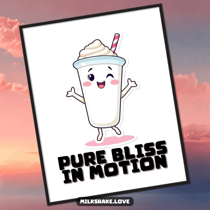 Funny Milkshake Cup Digital Art Print of a smiling milkshake character dancing joyfully. Offers instant sweet and humorous wall decor.