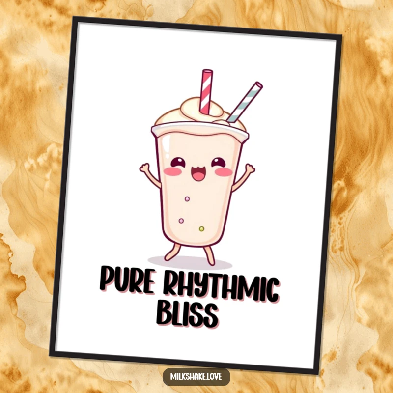 Funny Digital Art Print of a Kawaii milkshake doing a playful shimmy, its straw dancing for a fun and energetic decorative touch.