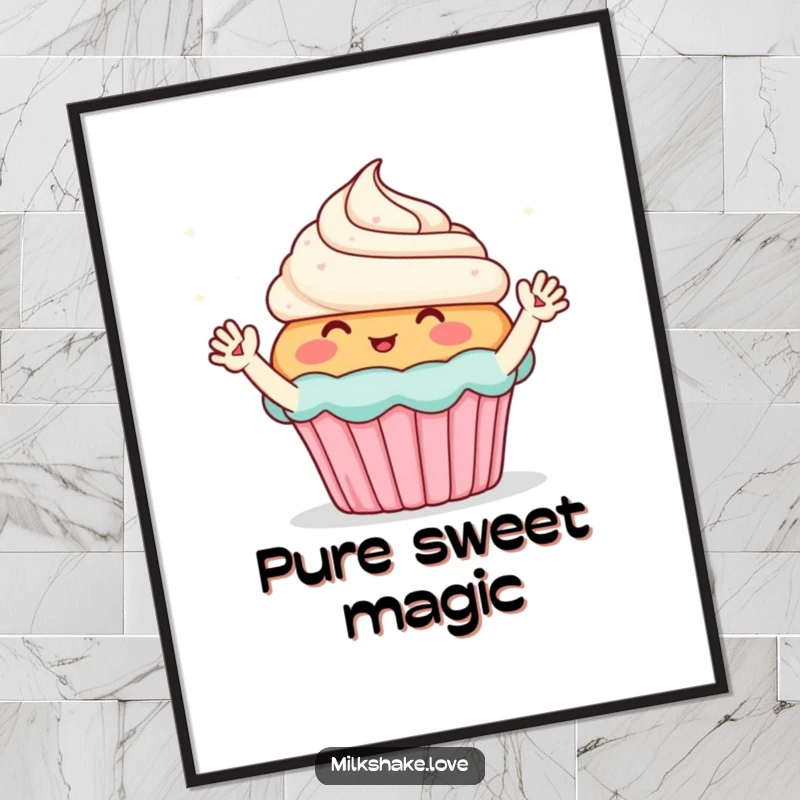 Funny digital art print of a blushing cupcake with tiny waving arms, enthusiastically greeting sparkles, bringing sweet, joyful energy to any room.