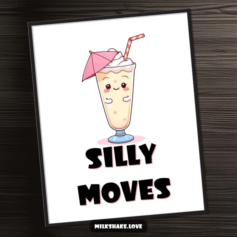 Funny Kawaii Milkshake Digital Art: A kawaii milkshake with an umbrella doing a jig, ready for humorous decor.