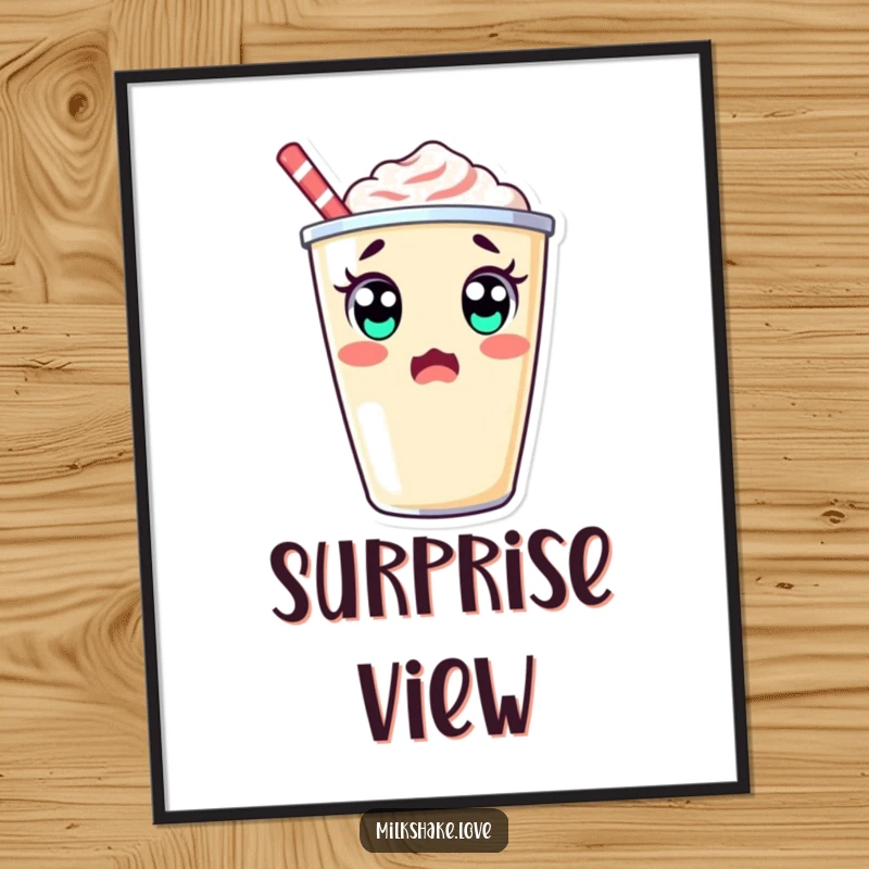 Surprised kawaii milkshake cup with big eyes doing a silly double take, a humorous digital art print.