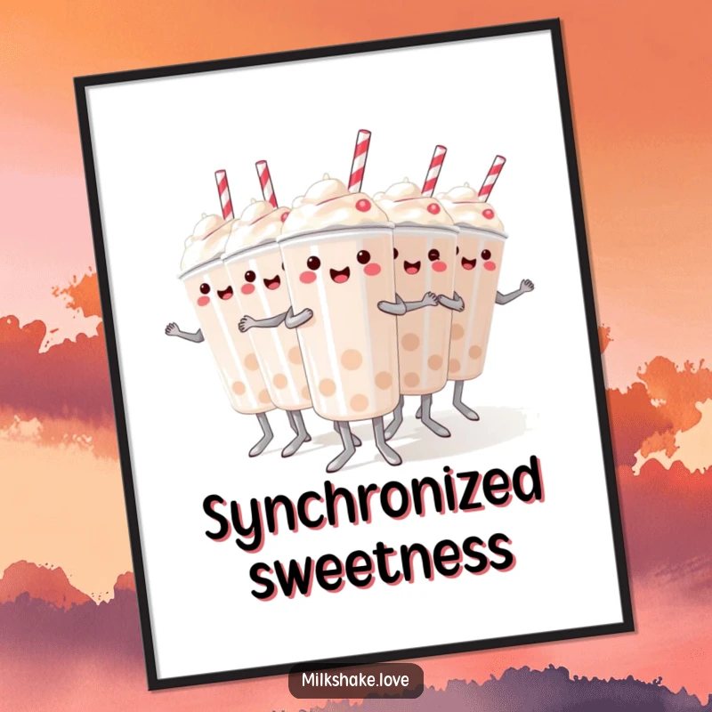 Funny digital art print of mini milkshakes performing a synchronized dance, a humorous and energetic dessert-themed artwork.