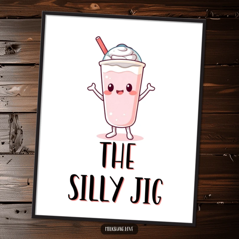 Funny Digital Art Print of a Kawaii milkshake character doing a silly dance with its lid, bringing energetic vibes.