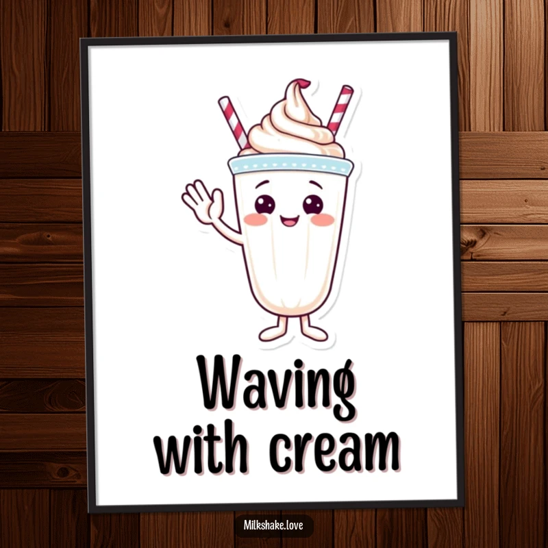 Funny digital art print of a milkshake character with whipped cream topping waving hello.