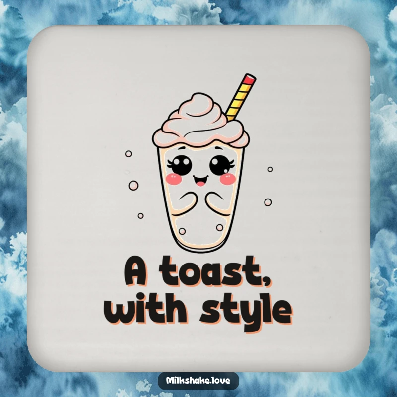 Funny milkshake drink coaster showing a bubbly drink in an exaggerated, comical bow, perfect for table protection.