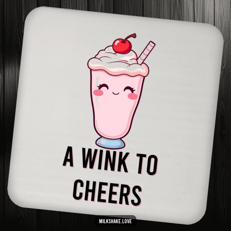 Funny Kawaii milkshake with a cherry on top, winking, featured on drink coasters for sweet and cheeky protection.