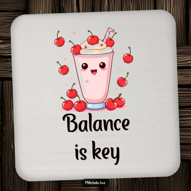 Funny Coaster featuring a Kawaii milkshake delightedly juggling tiny red cherries, adding playful charm to your table.