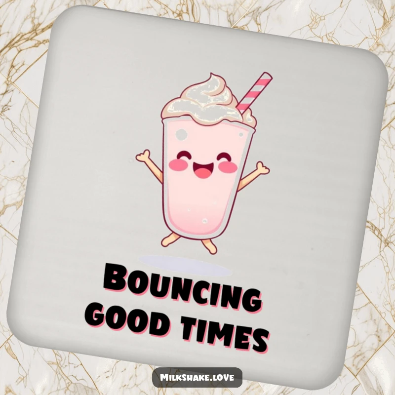 Funny Kawaii milkshake character doing a happy bounce on a decorative drink coaster, adding cheer.