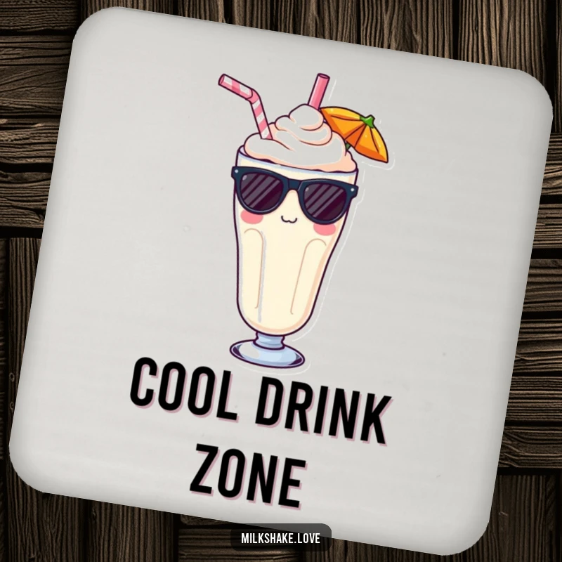Funny Kawaii milkshake coaster, a cool beverage wearing sunglasses and a straw, protecting surfaces with style.