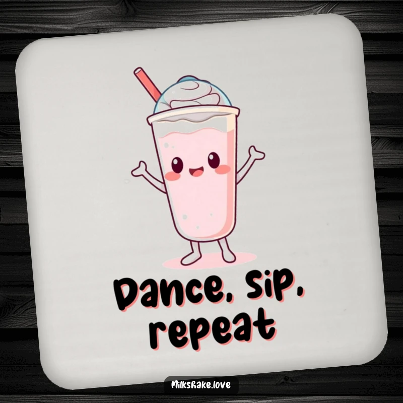Funny Coaster featuring a delightful Kawaii milkshake character doing a silly dance with its lid, adding playful protection.