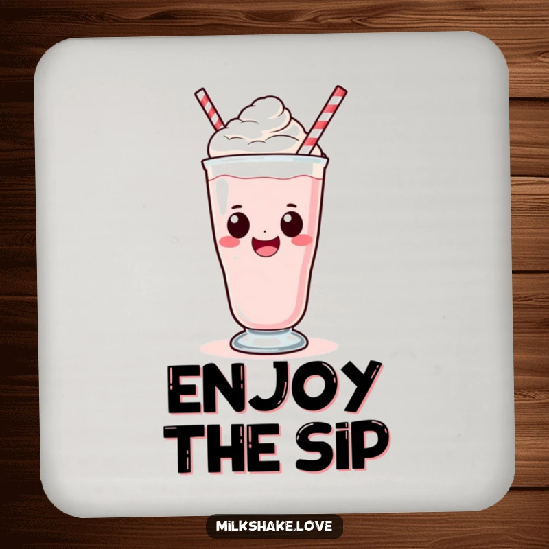Funny Kawaii Milkshake Coaster: A kawaii milkshake character with a big smile sipping, adding humorous charm to coasters.