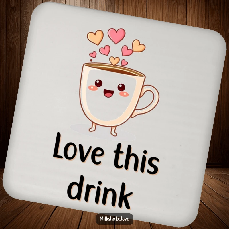 Funny coffee cup character with little feet pouring hearts on decorative drink coasters, adding love to surfaces.