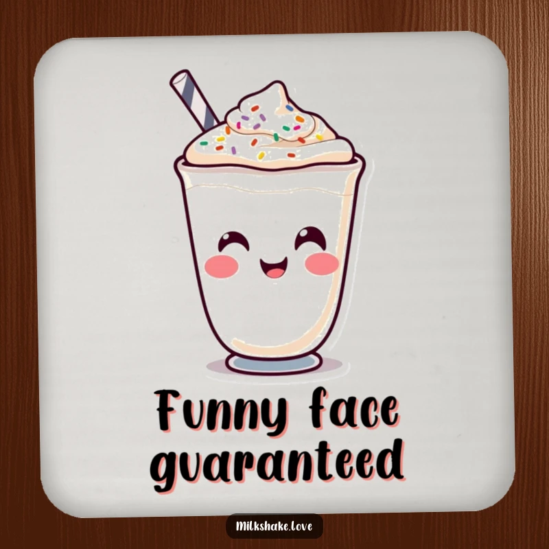 Funny Kawaii milkshake character making a funny face with sprinkles on a decorative drink coaster.