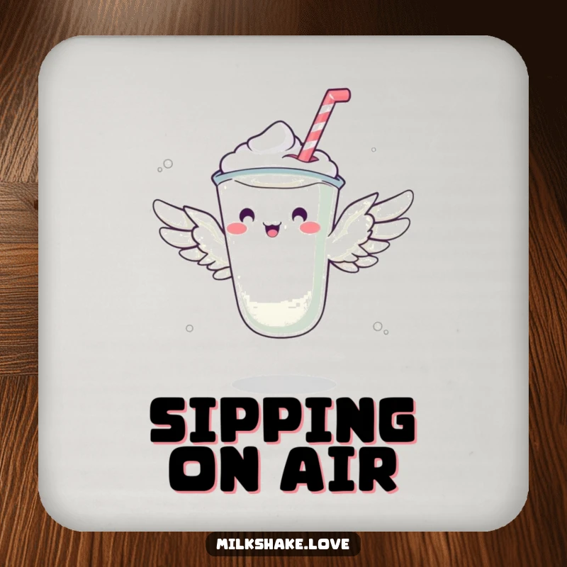 Funny drink coaster with a milkshake with small wings attempting to fly, a humorous and protective addition to any table.
